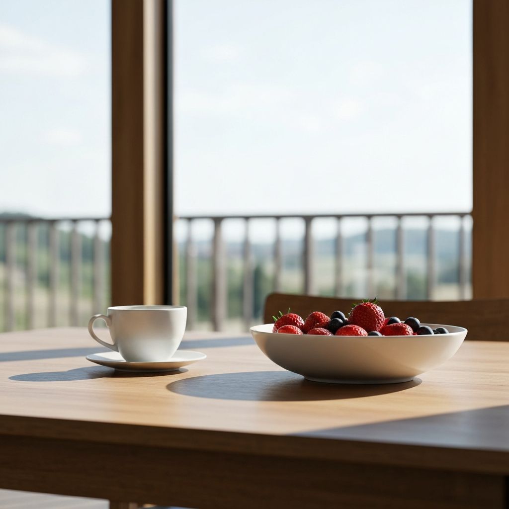 Skandinavisk frukost vid stort fönster